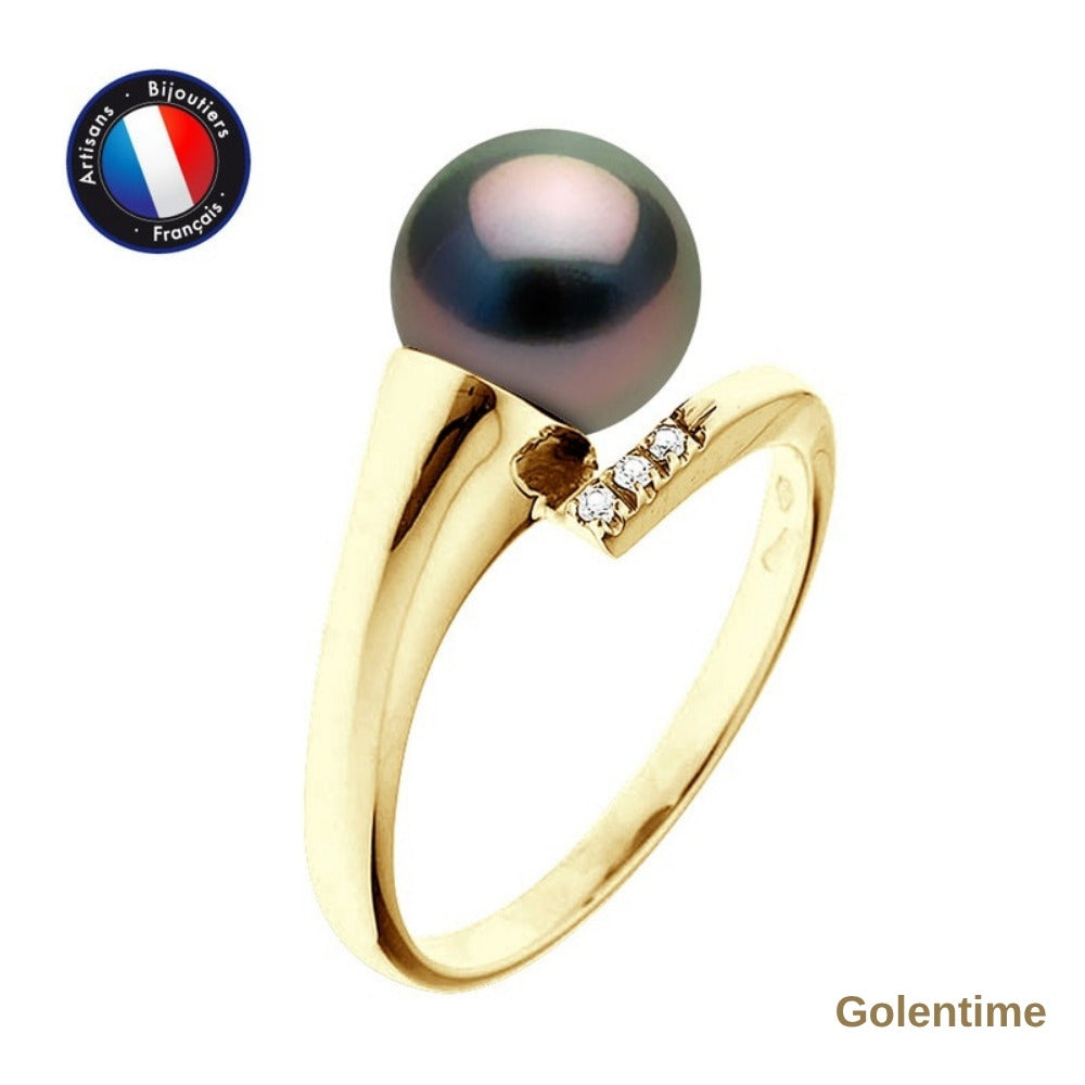 Perlinea Bague Perle de Tahiti Ronde 8-9 mm — Or Jaune 9 carats, Diamants 0,02 ct