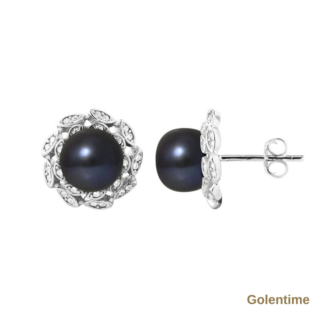 Perlinea Boucles d'Oreilles Corolle Perles d'Eau Douce Black Tahiti — Argent 925