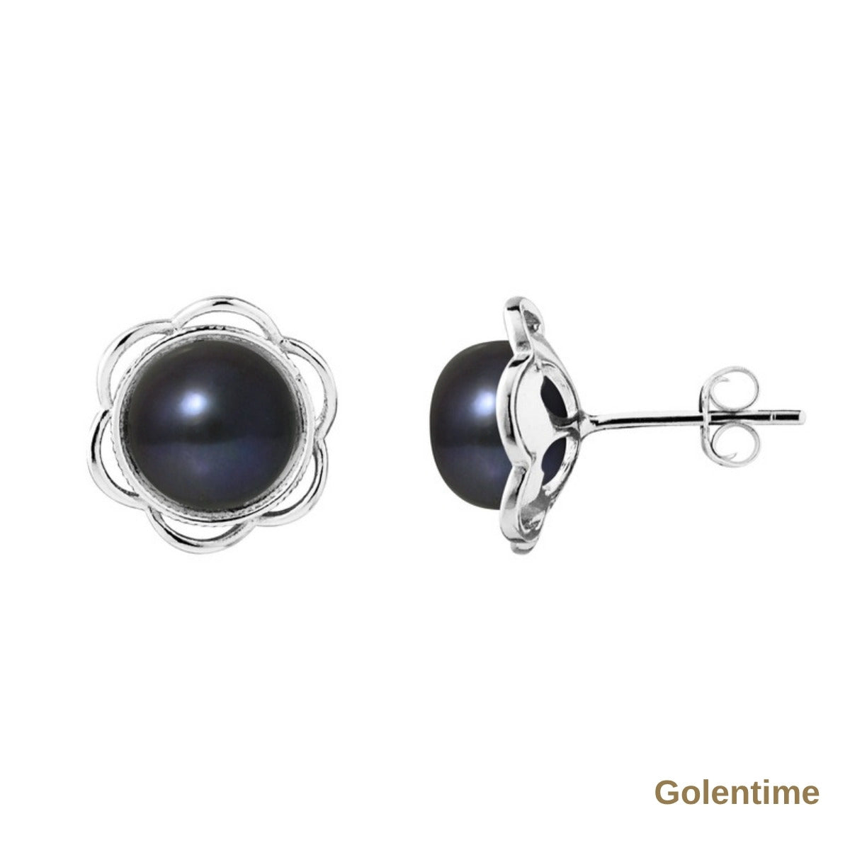 Perlinea Boucles d'Oreilles Fleur Perles d'Eau Douce Black Tahiti — Argent 925