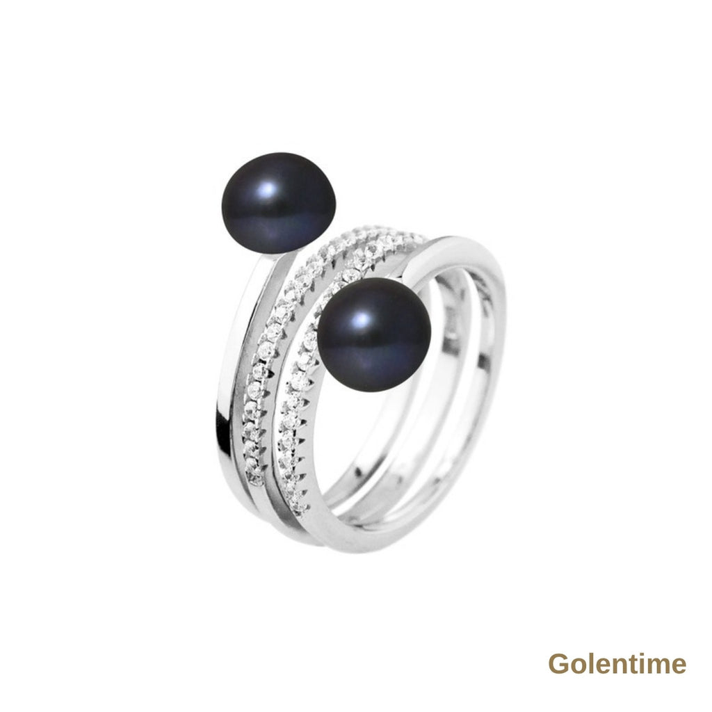 Perlinea Bague Toi & Moi Perles d'Eau Douce Bouton 7-8 mm Black Tahiti — Argent 925