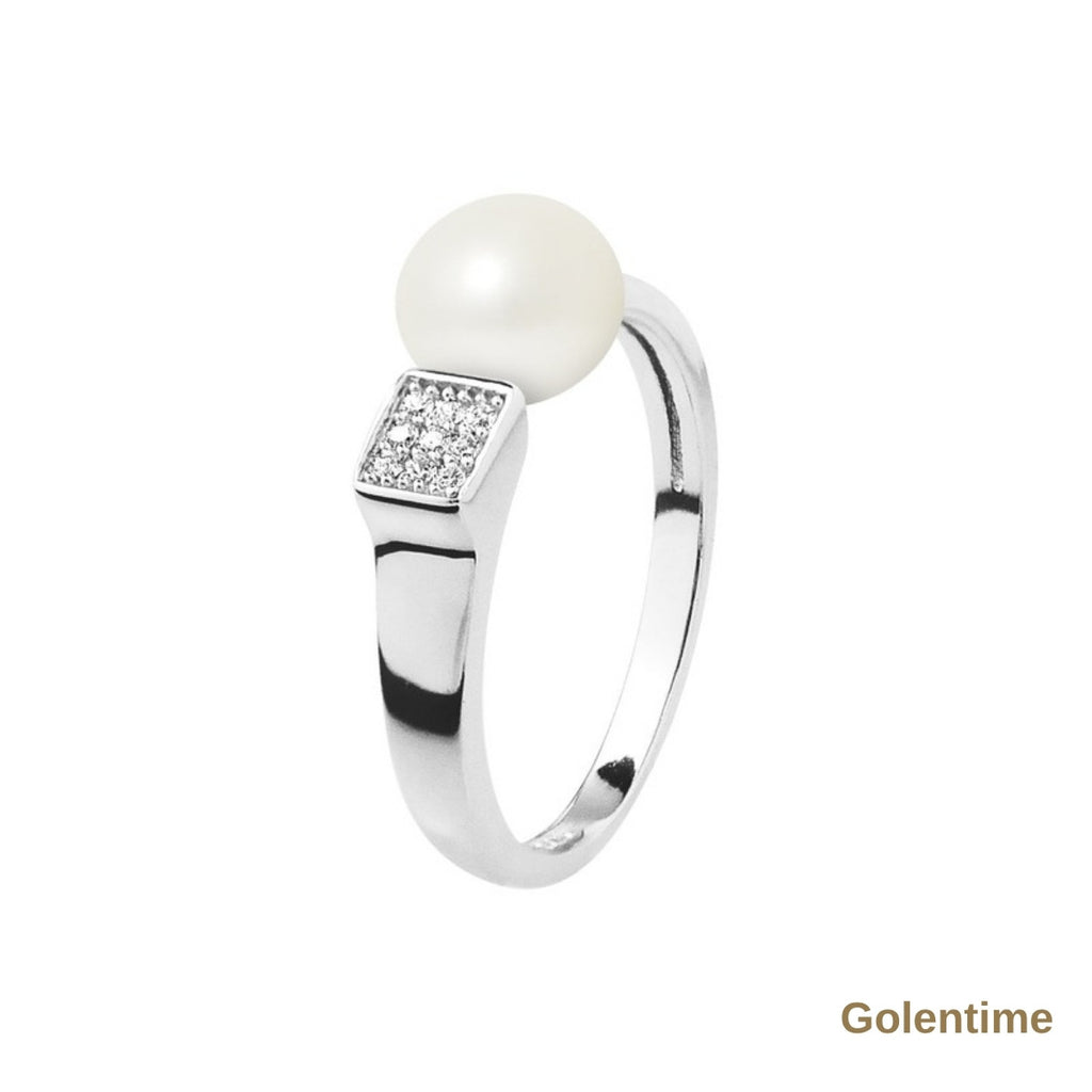 Perlinea Bague Jonc Moderne Perle d'Eau Douce Bouton 8-9 mm Blanc — Argent 925