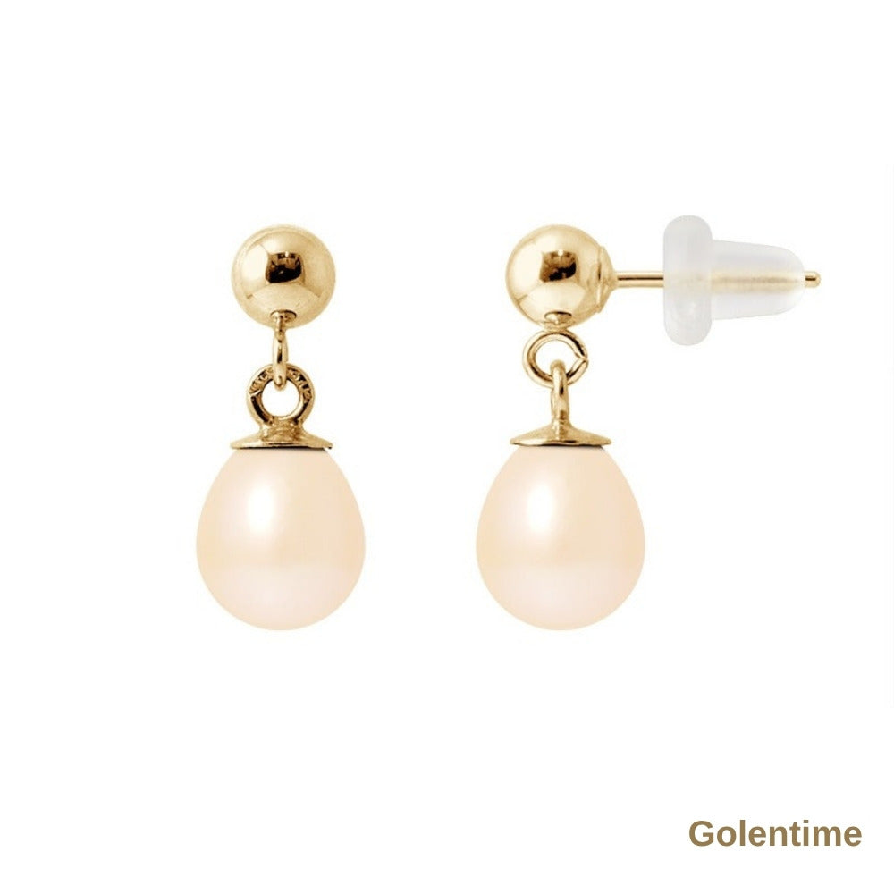 Perlinea Boucles d'Oreilles Perles d'Eau Douce Poire 6-7 mm Roses — Or Jaune 9 carats