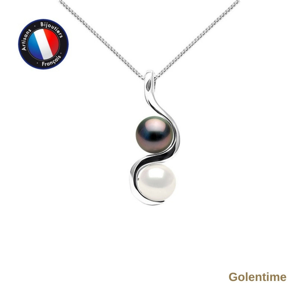 Perlinea Collier Perle d'Eau Douce et Perle de Tahiti Rondes 8-9 mm
