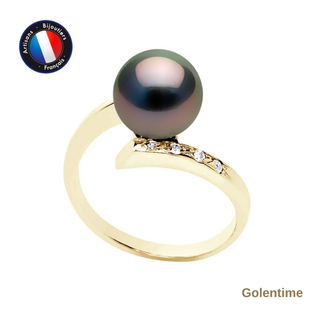 Perlinea Bague Perle de Tahiti Ronde 8-9 mm — Or Jaune 9 carats, Diamants 0,04 ct