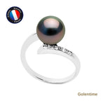 Perlinea Bague Perle de Tahiti Ronde 8-9 mm — Or Blanc 9 carats, Diamants 0,04 ct