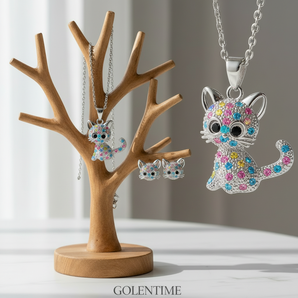 [Cat Jewelry Set] Cat Necklace and Cat Earrings Set | Little Girls Jewelry for Cat Lover Daughter Granddaughter, Teenager Cat Gifts for Girls