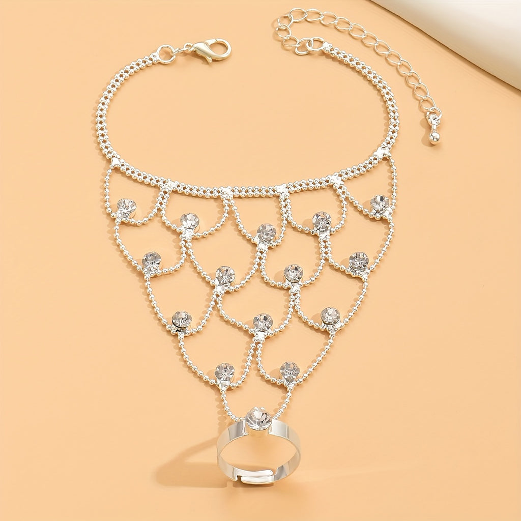 1pc Iced Out Shiny Rhinestone Mesh Finger Ring Bracelet Bling Bling Hand Back Chain Jewelry