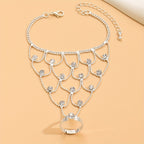 1pc Iced Out Shiny Rhinestone Mesh Finger Ring Bracelet Bling Bling Hand Back Chain Jewelry