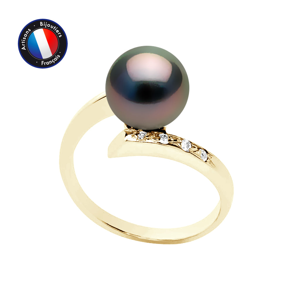 Perlinea Bague Perle de Tahiti Ronde 8-9 mm — Or Jaune 9 carats, Diamants 0,04 ct, vue 2
