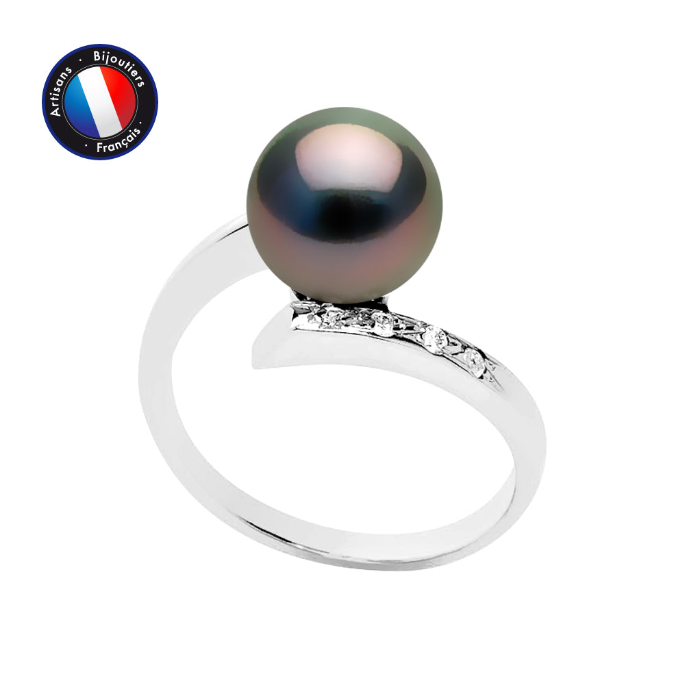Perlinea Bague Perle de Tahiti Ronde 8-9 mm — Or Blanc 9 carats, Diamants 0,04 ct, vue 2
