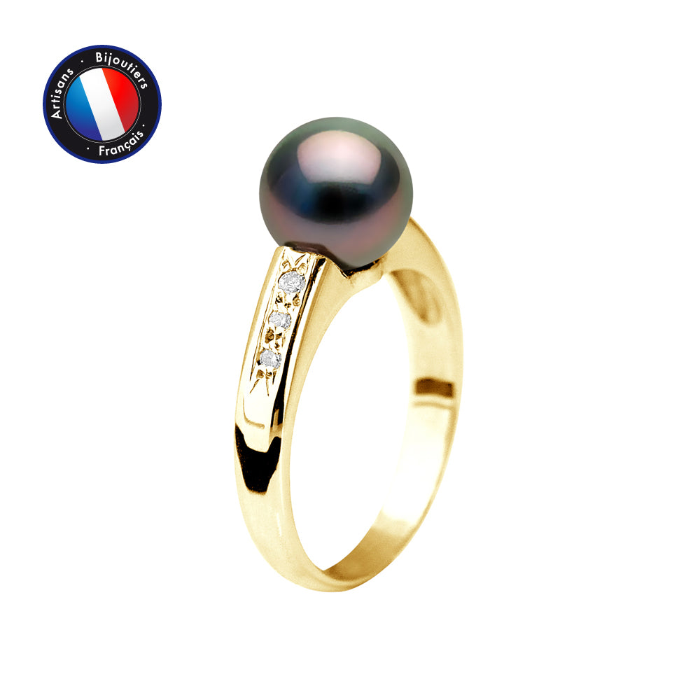 Perlinea Bague Perle de Tahiti Ronde 8-9 mm — Or Jaune 9 carats, Diamants 0,06 ct, vue 2