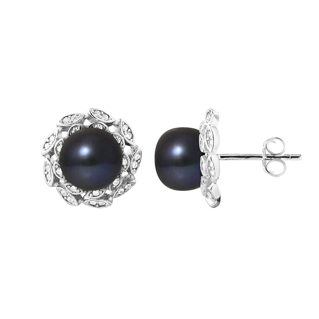 Perlinea Boucles d'Oreilles Corolle Perles d'Eau Douce Black Tahiti — Argent 925, vue 2