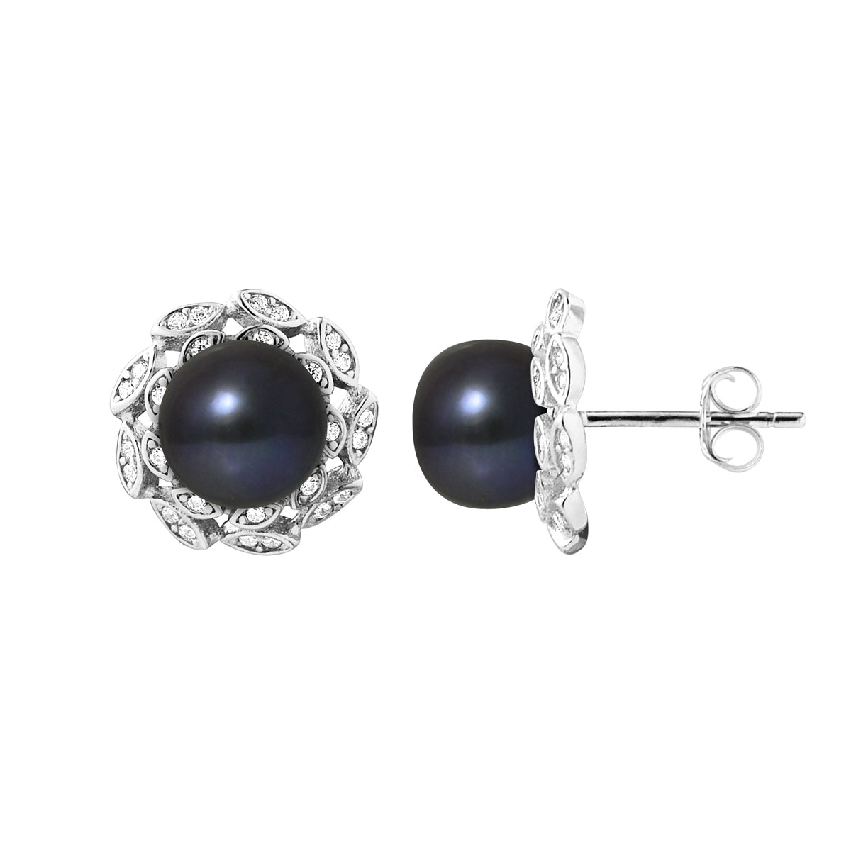 Perlinea Boucles d'Oreilles Corolle Perles d'Eau Douce Black Tahiti — Argent 925, vue 2