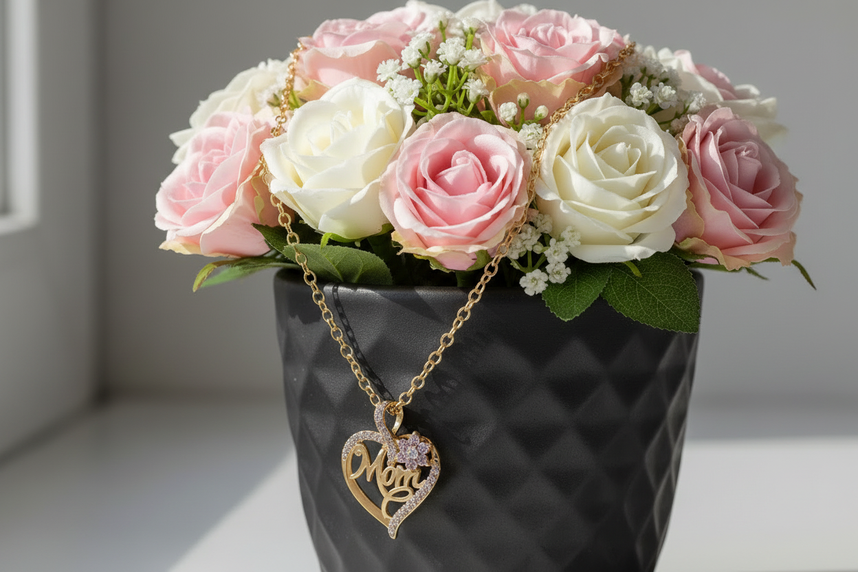 1pc Elegant "Mom" Heart Pendant Necklace with Sparkling Flowers - Golden-Tone Zinc Alloy, Perfect for Birthdays, Anniversaries, and Holidays, Ideal Gift for Moms, Mothers Day Jewelry|Elegant Script Design|Zinc Alloy Necklace,
