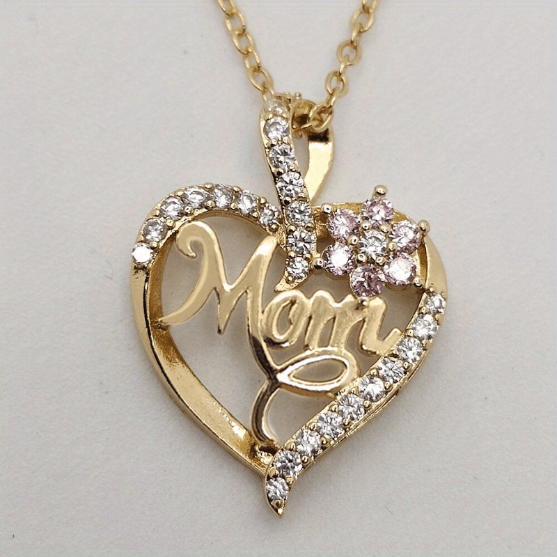 1pc Elegant "Mom" Heart Pendant Necklace with Sparkling Flowers - Golden-Tone Zinc Alloy, Perfect for Birthdays, Anniversaries, and Holidays, Ideal Gift for Moms, Mothers Day Jewelry|Elegant Script Design|Zinc Alloy Necklace,