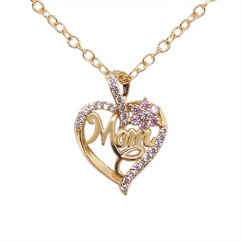 1pc Elegant "Mom" Heart Pendant Necklace with Sparkling Flowers - Golden-Tone Zinc Alloy, Perfect for Birthdays, Anniversaries, and Holidays, Ideal Gift for Moms, Mothers Day Jewelry|Elegant Script Design|Zinc Alloy Necklace,