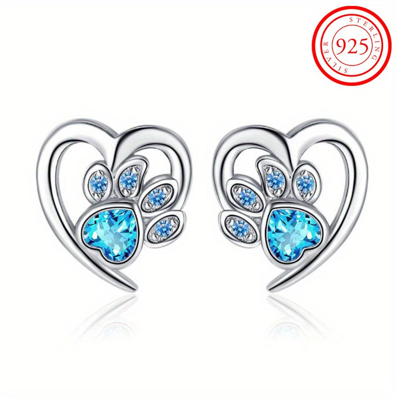 Sterling 925 Silver Hollow Heart Shape Paw Pattern Zirconia Decor Stud Earrings - Hypoallergenic Jewelry for Sensitive Ears - Cute Adorable Female Gift with Shiny Finish