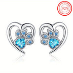 Sterling 925 Silver Hollow Heart Shape Paw Pattern Zirconia Decor Stud Earrings - Hypoallergenic Jewelry for Sensitive Ears - Cute Adorable Female Gift with Shiny Finish