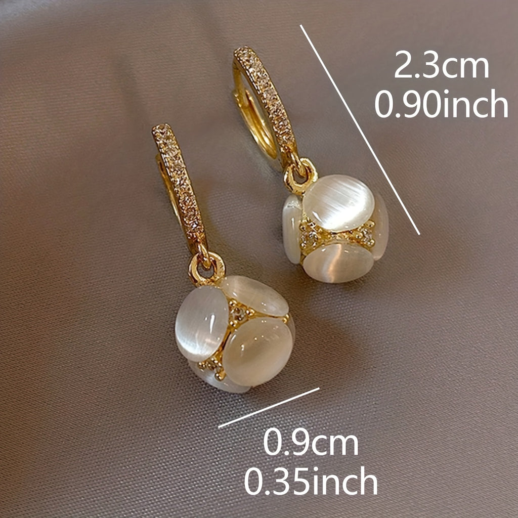 Exquisite Ball Design Moonstone Inlaid Dangle Earrings Elegant Luxury Style Copper Jewelry Delicate Female Gift