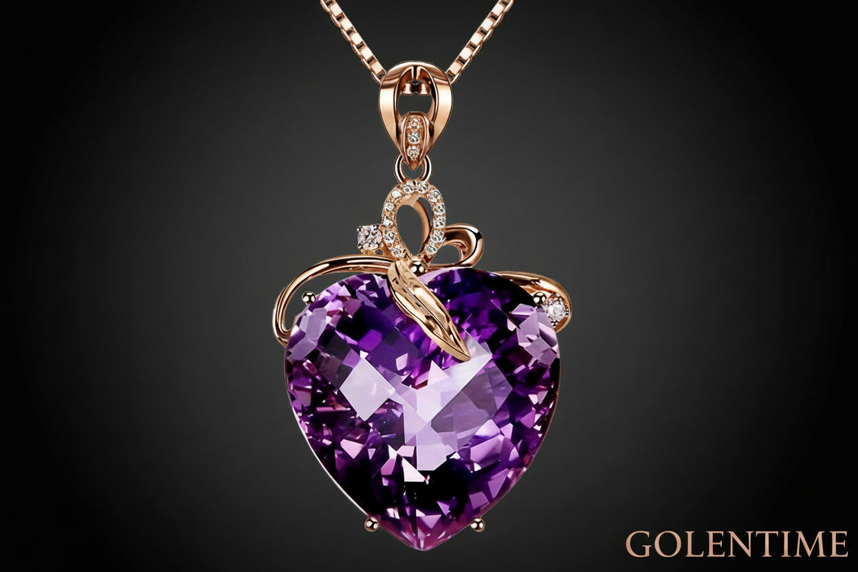 Heart-shaped Amethyst Pendant Necklace, Golden-plated Faux Gemstone Necklace, Creative Party Jewelry, Holiday Birthday Christmas Halloween Gift For Women Mom Family Friends, New Year's Gift
