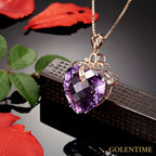 Heart-shaped Amethyst Pendant Necklace, Golden-plated Faux Gemstone Necklace, Creative Party Jewelry, Holiday Birthday Christmas Halloween Gift For Women Mom Family Friends, New Year's Gift