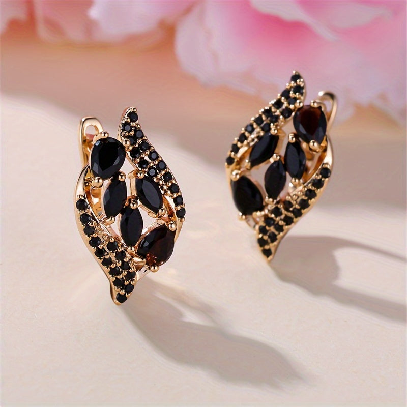 Glamorous Golden Leaf Clip Earrings - Shimmering Black Zircon Stones for Women - Fashion-Forward Wedding Jewelry