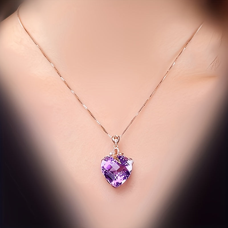 Heart-shaped Amethyst Pendant Necklace, Golden-plated Faux Gemstone Necklace, Creative Party Jewelry, Holiday Birthday Christmas Halloween Gift For Women Mom Family Friends, New Year's Gift