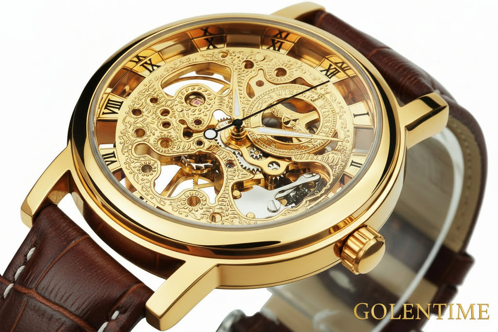 1pc Classic Luxury Golden Skeleton Hand Winding Mechanical Watches for Men Luminous Hands Top Brand Business Casual Retro Watch Festival Birthday Gifts