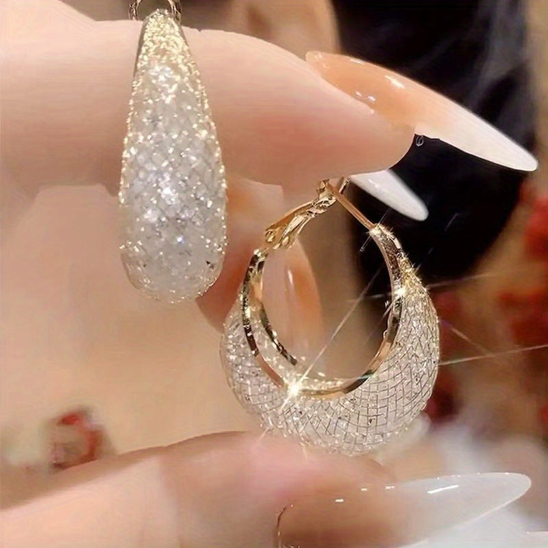 Luxurious 18K Plated Hoop Earrings - Sparkling Mesh Design, Fashionable Women's Jewelry Gift, Hypoallergenic, Nickel-Free, Durable, and Stylish Accessories for Any Occasion