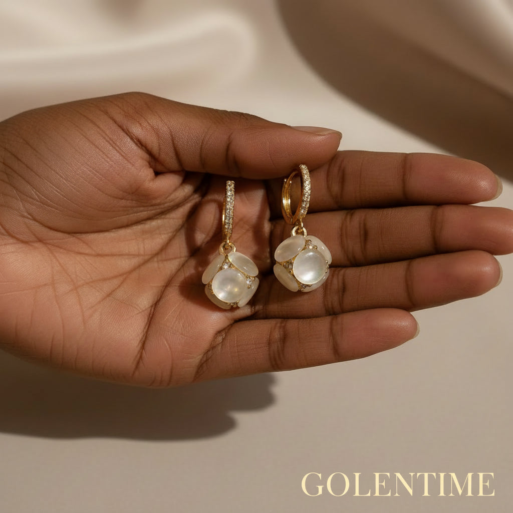 Exquisite Ball Design Moonstone Inlaid Dangle Earrings Elegant Luxury Style Copper Jewelry Delicate Female Gift