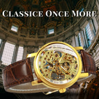 1pc Classic Luxury Golden Skeleton Hand Winding Mechanical Watches for Men Luminous Hands Top Brand Business Casual Retro Watch Festival Birthday Gifts