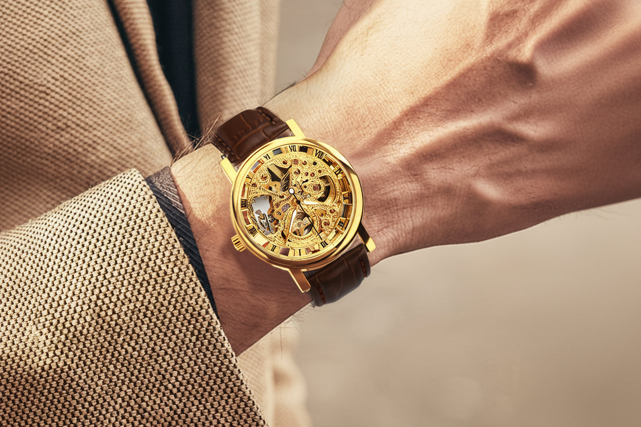 1pc Classic Luxury Golden Skeleton Hand Winding Mechanical Watches for Men Luminous Hands Top Brand Business Casual Retro Watch Festival Birthday Gifts