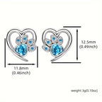 Sterling 925 Silver Hollow Heart Shape Paw Pattern Zirconia Decor Stud Earrings - Hypoallergenic Jewelry for Sensitive Ears - Cute Adorable Female Gift with Shiny Finish