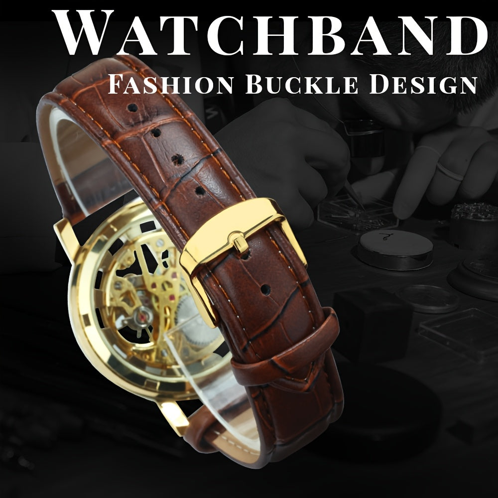 1pc Classic Luxury Golden Skeleton Hand Winding Mechanical Watches for Men Luminous Hands Top Brand Business Casual Retro Watch Festival Birthday Gifts