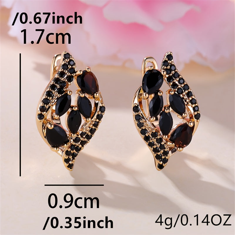Glamorous Golden Leaf Clip Earrings - Shimmering Black Zircon Stones for Women - Fashion-Forward Wedding Jewelry