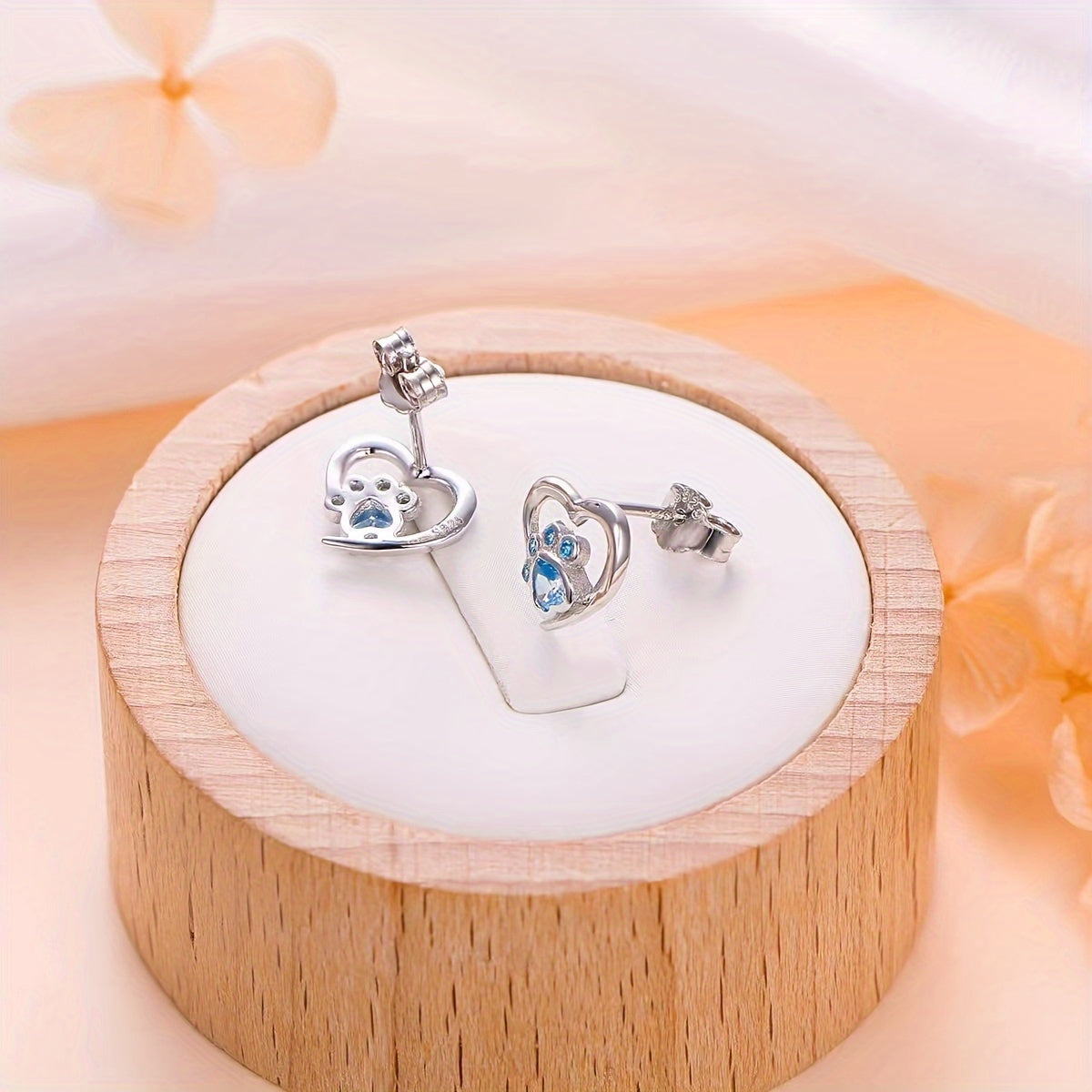 Sterling 925 Silver Hollow Heart Shape Paw Pattern Zirconia Decor Stud Earrings - Hypoallergenic Jewelry for Sensitive Ears - Cute Adorable Female Gift with Shiny Finish