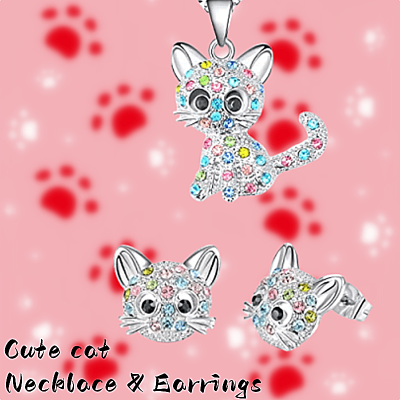 [Cat Jewelry Set] Cat Necklace and Cat Earrings Set | Little Girls Jewelry for Cat Lover Daughter Granddaughter, Teenager Cat Gifts for Girls