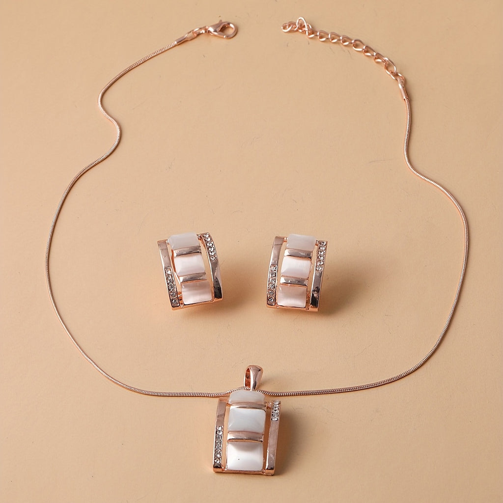 [Birthday Party Ceremony Gift] Women's And Stylish Rectangular Imitation Cat's Eye Stone Necklace And Earrings Jewelry Set, Rhinestone Pendant Earrings Two-Piece Set, Birthday/Party/Ceremony/Accessory Gift