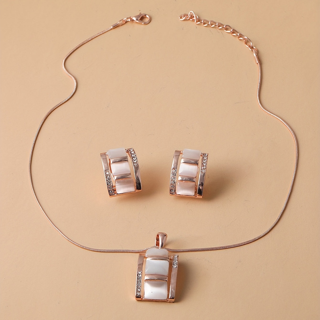 [Birthday Party Ceremony Gift] Women's And Stylish Rectangular Imitation Cat's Eye Stone Necklace And Earrings Jewelry Set, Rhinestone Pendant Earrings Two-Piece Set, Birthday/Party/Ceremony/Accessory Gift