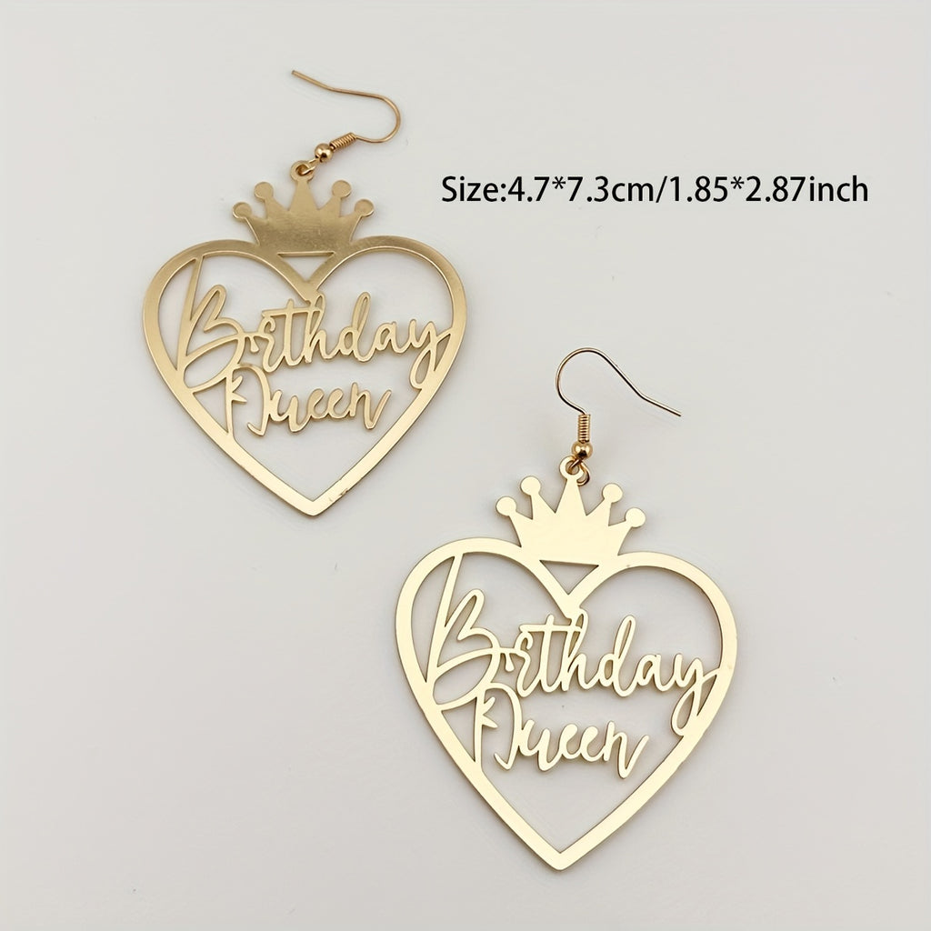 Hollow Golden Heart Birthday Queen Design Dangle Earrings Elegant Simple Style Iron Jewelry Birthday Gift For Friends