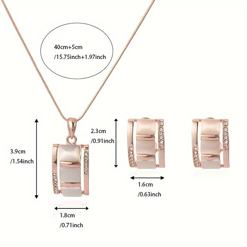 [Birthday Party Ceremony Gift] Women's And Stylish Rectangular Imitation Cat's Eye Stone Necklace And Earrings Jewelry Set, Rhinestone Pendant Earrings Two-Piece Set, Birthday/Party/Ceremony/Accessory Gift