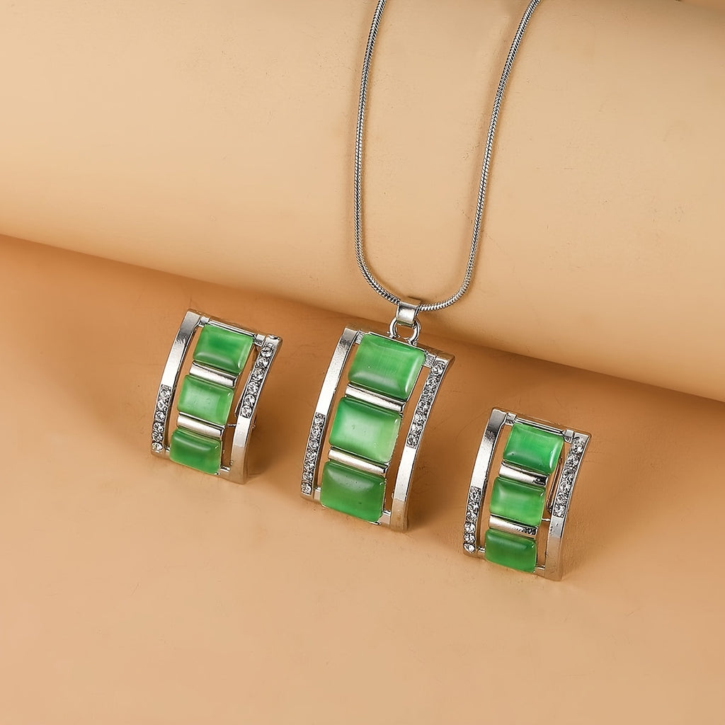 [Birthday Party Ceremony Gift] Women's And Stylish Rectangular Imitation Cat's Eye Stone Necklace And Earrings Jewelry Set, Rhinestone Pendant Earrings Two-Piece Set, Birthday/Party/Ceremony/Accessory Gift