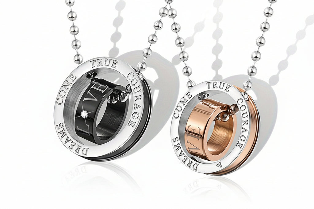 Wholesale Jewelry, Korean-Style Fashionable New Jewelry, Two-Color Double-Ring 201 201 Stainless Steel Couple Necklace