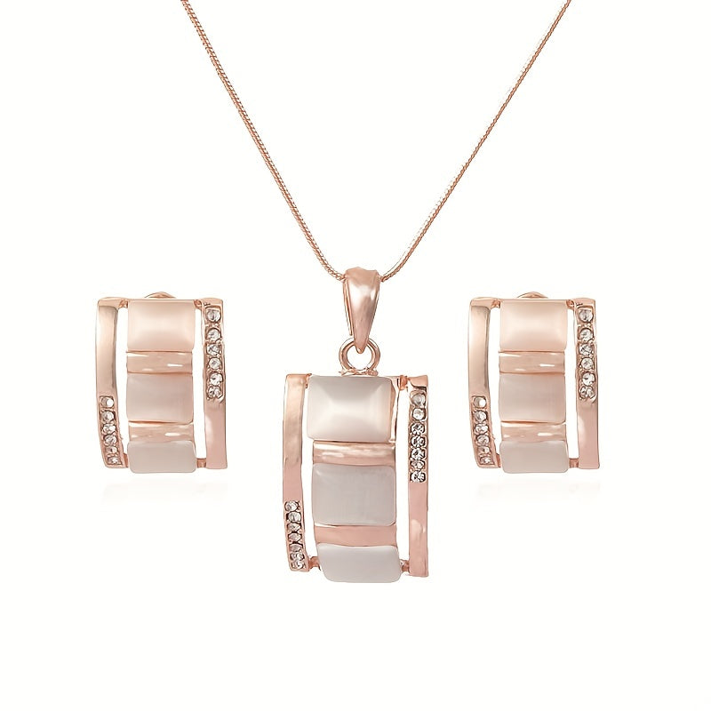 [Birthday Party Ceremony Gift] Women's And Stylish Rectangular Imitation Cat's Eye Stone Necklace And Earrings Jewelry Set, Rhinestone Pendant Earrings Two-Piece Set, Birthday/Party/Ceremony/Accessory Gift