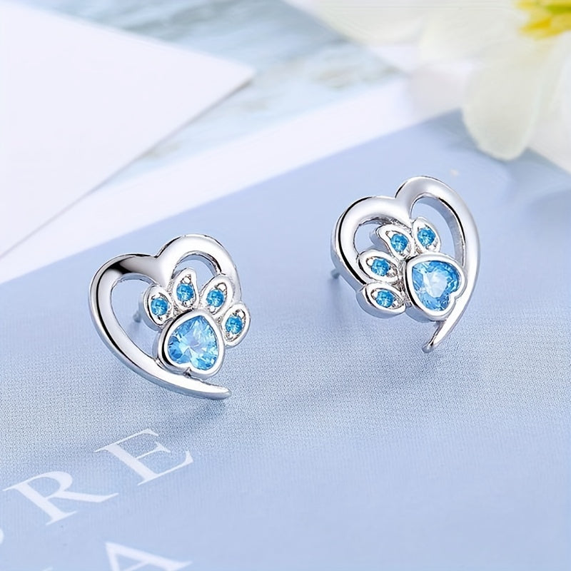 Sterling 925 Silver Hollow Heart Shape Paw Pattern Zirconia Decor Stud Earrings - Hypoallergenic Jewelry for Sensitive Ears - Cute Adorable Female Gift with Shiny Finish