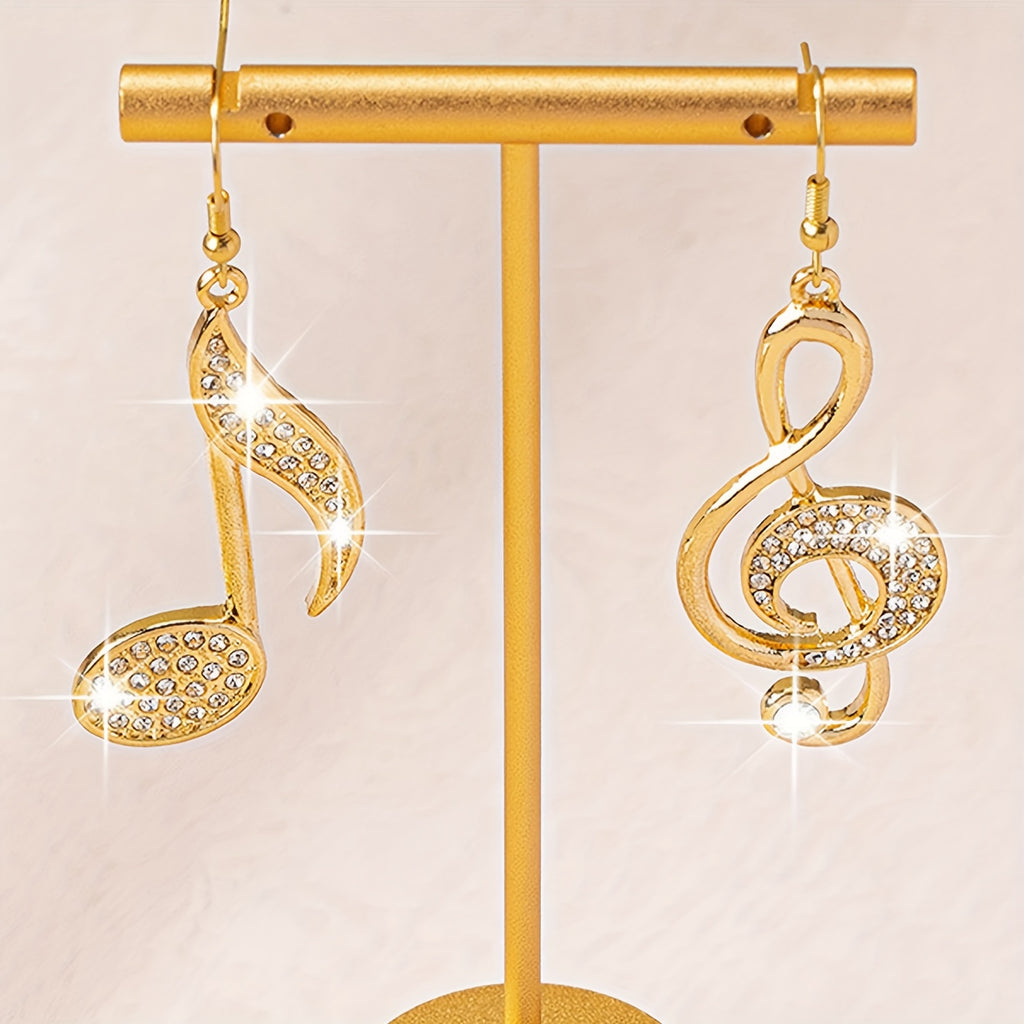 1 Pair of Unique Mismatched Dangle Earrings - Drop & Dangle Jewelry with Exquisite Golden Music Symbol Design, Shiny Zirconia Inlaid, Delicate Style for Music Lovers and Fashionistas