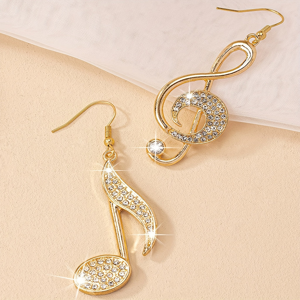 1 Pair of Unique Mismatched Dangle Earrings - Drop & Dangle Jewelry with Exquisite Golden Music Symbol Design, Shiny Zirconia Inlaid, Delicate Style for Music Lovers and Fashionistas