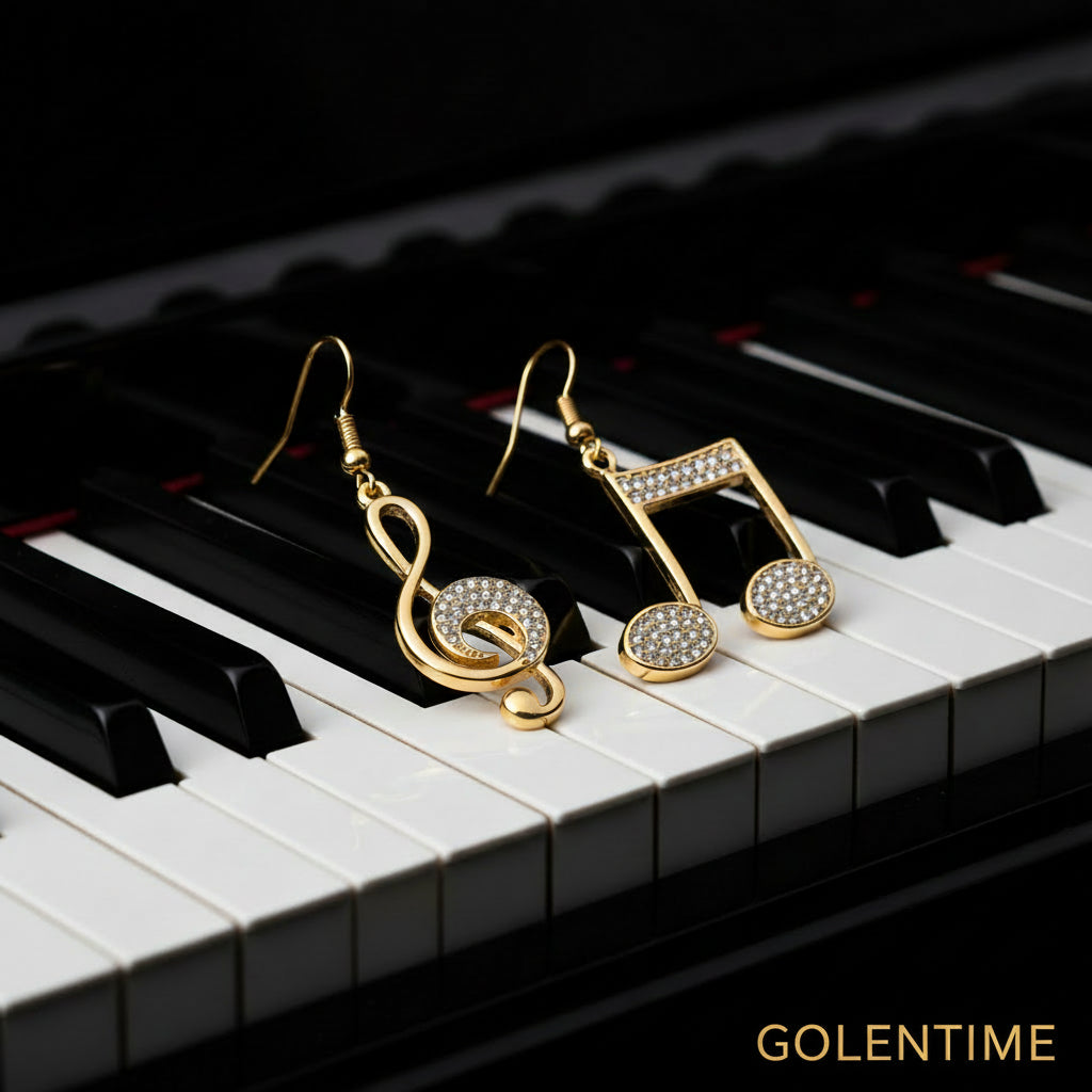 1 Pair of Unique Mismatched Dangle Earrings - Drop & Dangle Jewelry with Exquisite Golden Music Symbol Design, Shiny Zirconia Inlaid, Delicate Style for Music Lovers and Fashionistas