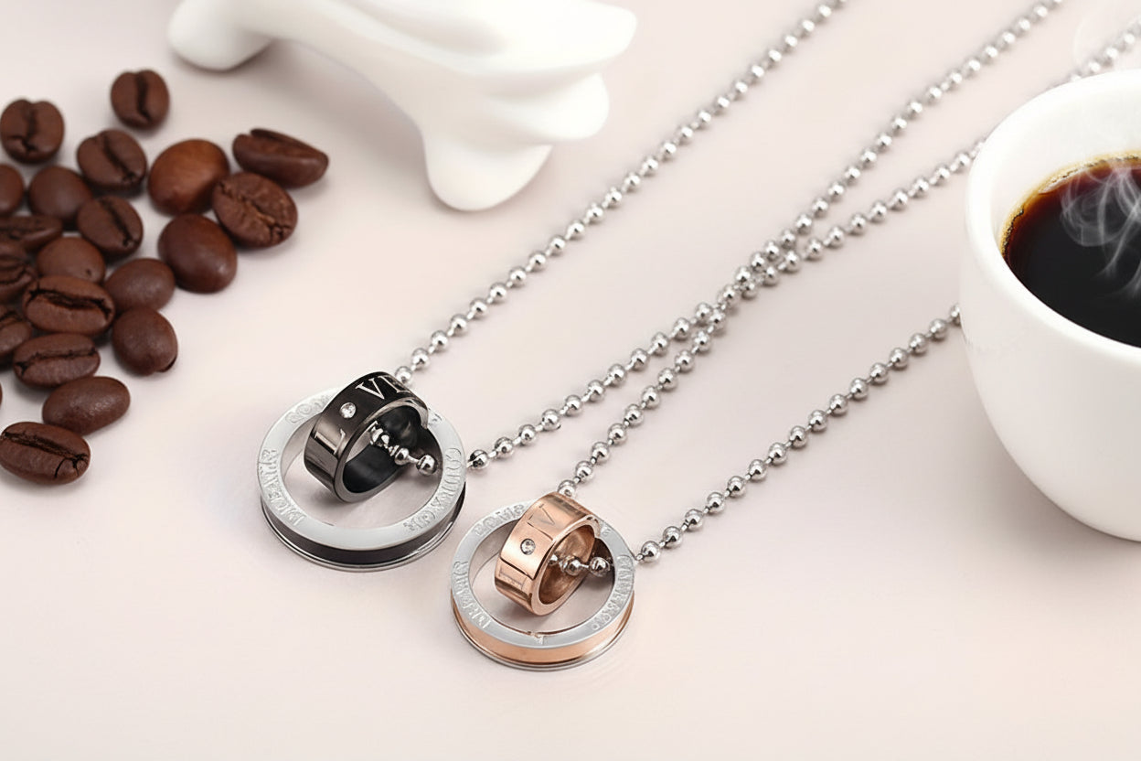 Wholesale Jewelry, Korean-Style Fashionable New Jewelry, Two-Color Double-Ring 201 201 Stainless Steel Couple Necklace