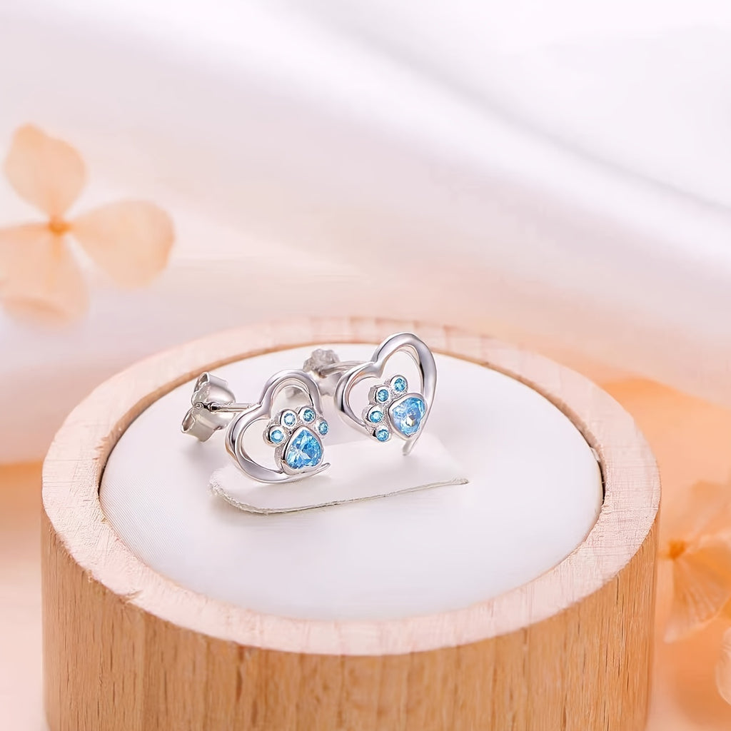 Sterling 925 Silver Hollow Heart Shape Paw Pattern Zirconia Decor Stud Earrings - Hypoallergenic Jewelry for Sensitive Ears - Cute Adorable Female Gift with Shiny Finish